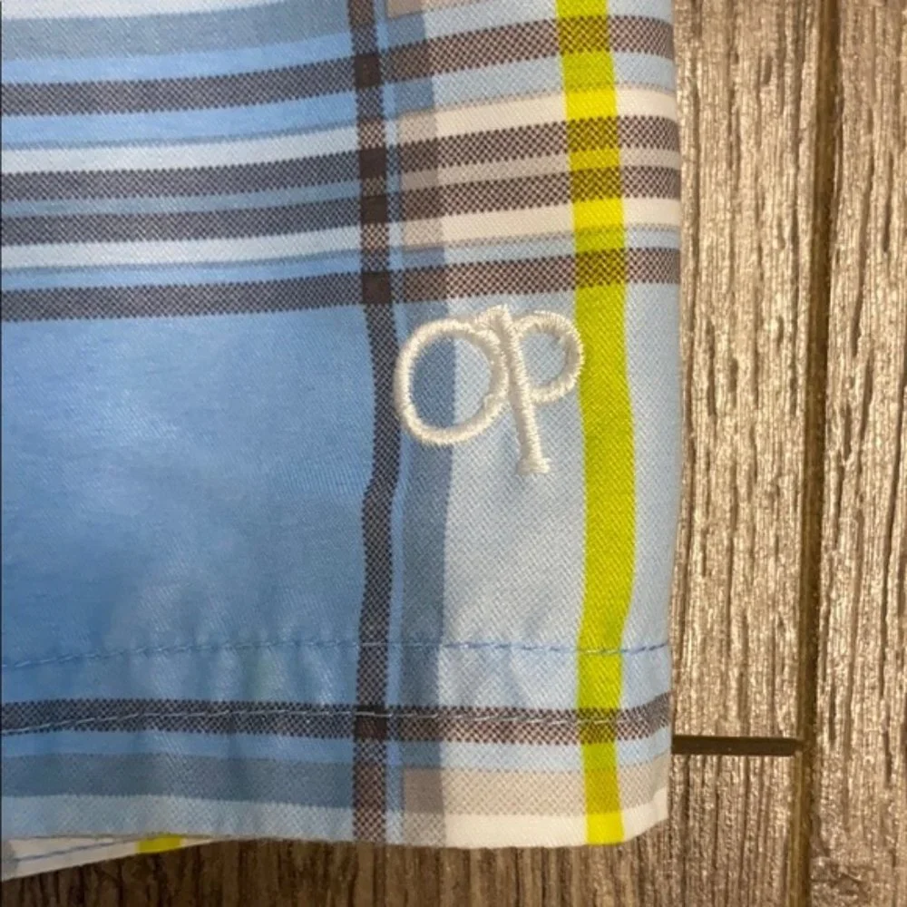 OP Toddler Blue/White/Lime Plaid Swim Trunks